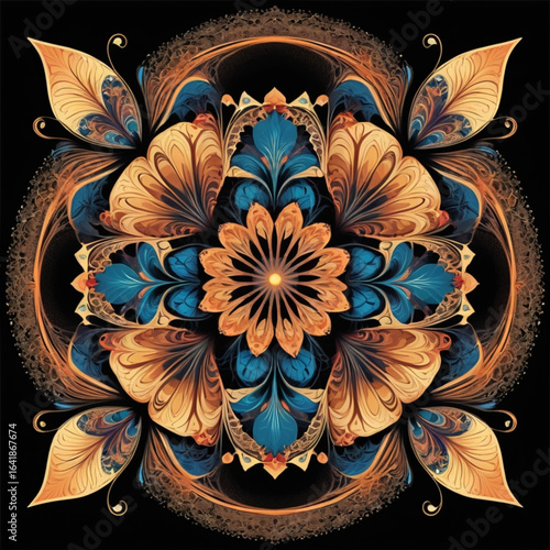 Beautiful Symmetrical fractal mandala, flower or butterfly, digital artwork for creative graphic design. Computer generated graphics.
