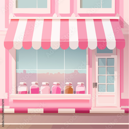Pink Candy Shop with Striped Awning and Jars Displayed in Window