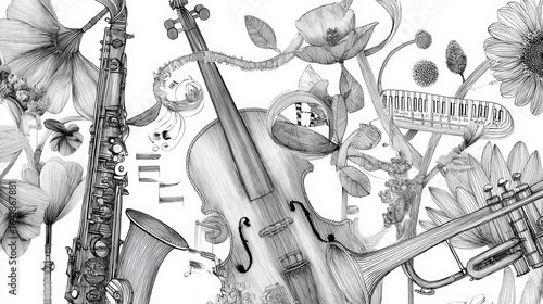 Musical instruments blending with blooming flowers and floating notes, composing elegant black and white graphic artwork celebrating artistic harmony