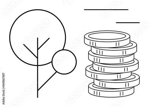Abstract tree symbolizing nature paired with stacked coins representing economy and growth. Ideal for sustainability, investment, eco-finance, savings, environmental impact, balance, economy. Simple
