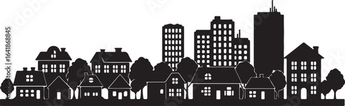 Black silhouette cityscape with various houses and tall buildings architecture