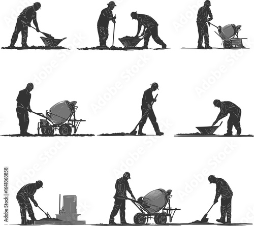 Silhouettes of workers pouring concrete