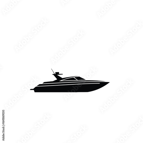 Sleek black speedboat silhouette on white yacht watercraft