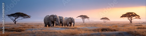 Majestic Savanna Landscape at Dusk Featuring Acacia Trees and Elephants in Harmony