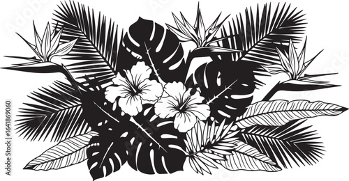 Black and white tropical foliage and bird of paradise flowers arrangement on white background