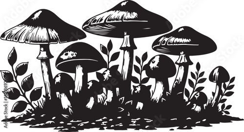 Black and white illustration of a cluster of mushrooms growing in the forest fungi