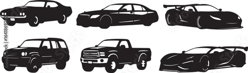 Six black silhouette icons of different car types on white background automobile vehicle