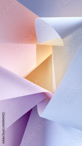 Pastel paper sheets layering with soft shadows, interweaving geometric forms and delicate colors, representing minimalist artistic composition and contemporary design aesthetic