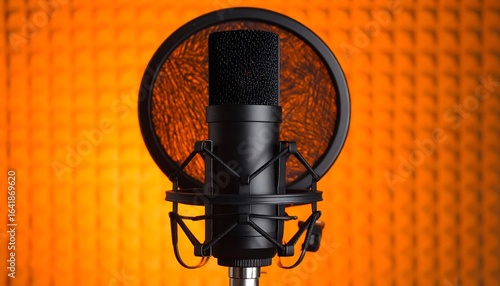 Studio microphone against orange acoustic panels