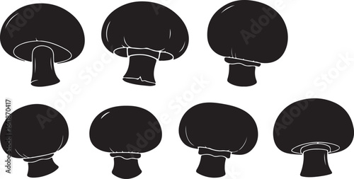 black silhouettes of mushroom caps and stems on white fungi nature