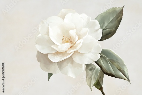 Delicate watercolor artwork showcasing a pristine white camellia blossom with subtle green leaves, exuding tranquility and minimalist beauty