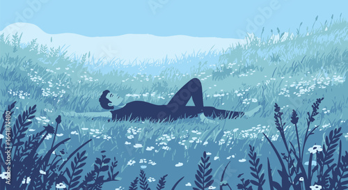 Monochromatic blue illustration of a peaceful figure resting in a wildflower meadow, a concept of solitude and serenity