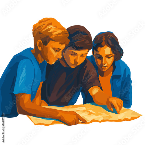 Three young friends studying a map together while planning a trip  