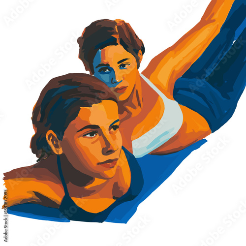 Two young women swimming together in a pool with vibrant colors  