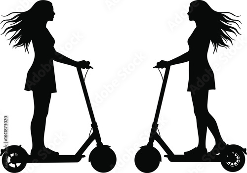 woman silhouette riding electric scooter, female on e-scooter, urban transport vector, personal mobility illustration, eco-friendly travel, city commuting design, black outline