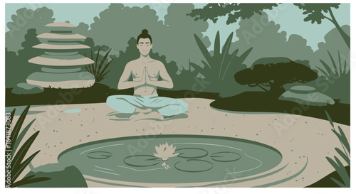 A man finds inner peace through deep meditation in a serene, stylized garden oasis, featuring a tranquil pond with a lotus flower and ancient stone elements.
