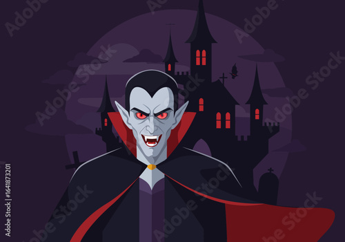 Cartoon Vampire with Red Eyes and Castle Backdrop