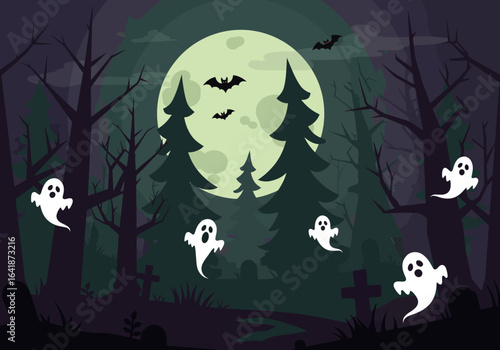 Spooky Halloween Night Scene with Ghosts, Bats, and Full Moon