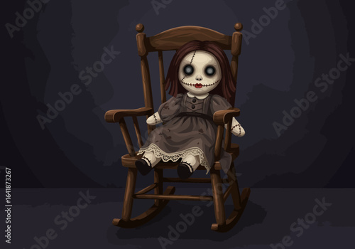 Creepy Doll with Stitched Face on Rocking Chair