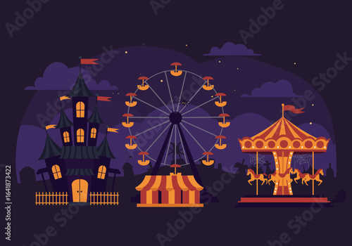 Spooky Halloween Carnival Scene with Haunted House and Ferris Wheel