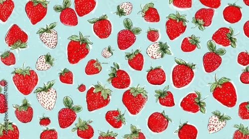 A blue background with a bunch of red strawberries. The strawberries are in different sizes and are scattered all over the background