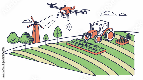 Smart agriculture technology with drone tractor and windmill for modern farming and precision agriculture