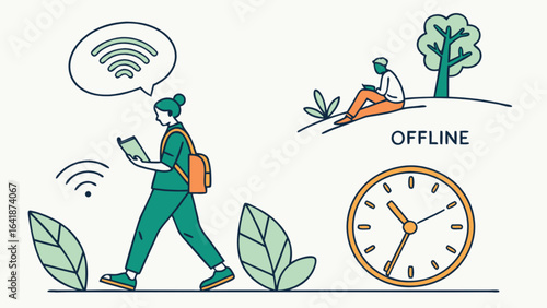 Offline lifestyle illustration with reading and nature for digital detox and wellbeing concept design