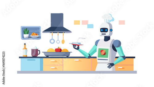 Robot chef cooking in kitchen automation ai technology future food preparation and service concept