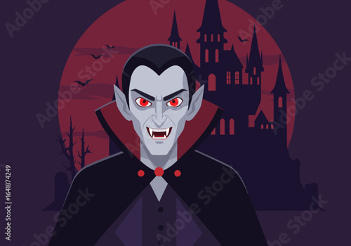 Cartoon Vampire with Red Eyes and Castle Backdrop