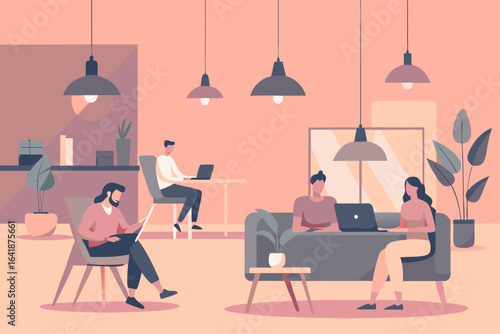 People working on laptops in cozy coworking space illustration