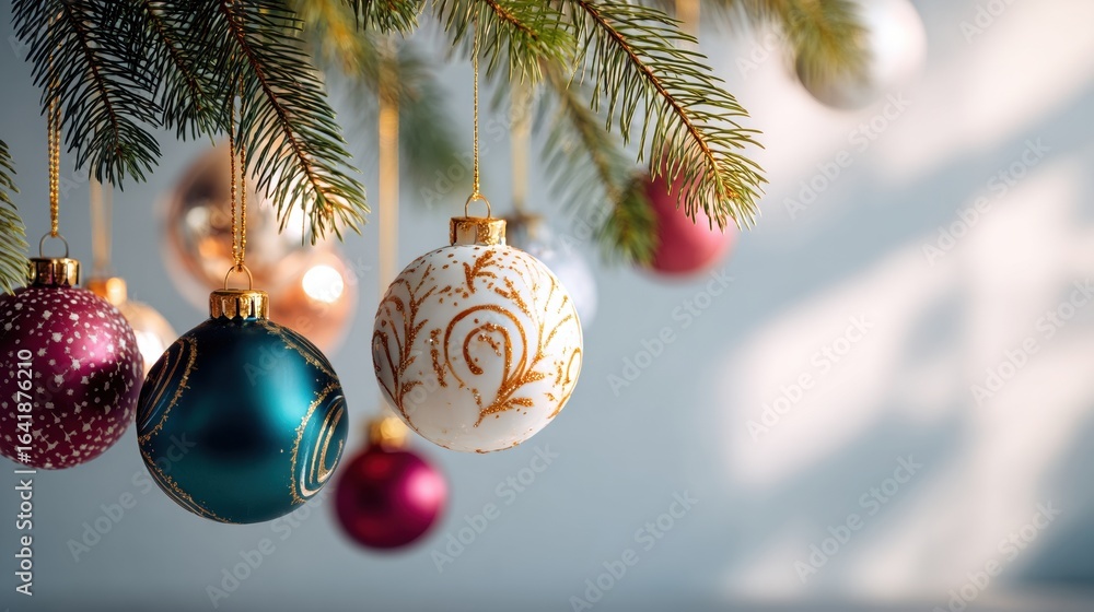 custom made wallpaper toronto digitalFestive christmas ornaments hanging from tree branches with natural sunlight creating a joyful holiday atmosphere