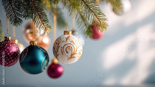 Wallpaper Mural Festive christmas ornaments hanging from tree branches with natural sunlight creating a joyful holiday atmosphere Torontodigital.ca