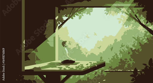 A peaceful moment of a person enjoying serene contemplation within a sunlit room, beautifully rendered with minimalist art and lush green foliage, evoking tranquility.