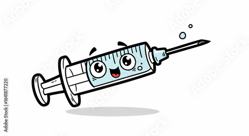 A cute and friendly cartoon syringe character smiling, representing vaccination and healthcare