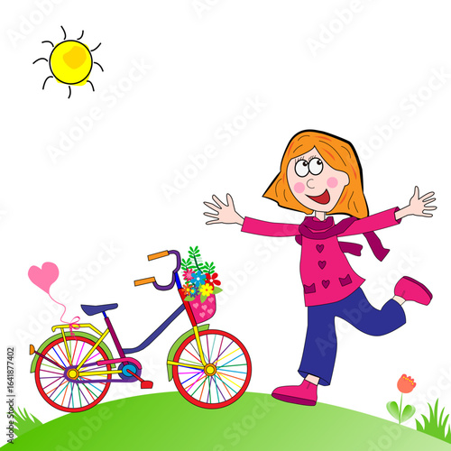 Paisaje con niña feliz y bicicleta.