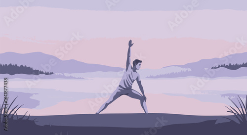 Man practicing yoga in a serene natural landscape at sunrise