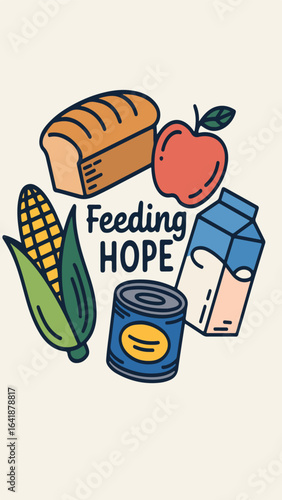 "Feeding Hope" illustration with bread, apple, corn, milk, and canned food symbolizing food assistance and hunger relief.

