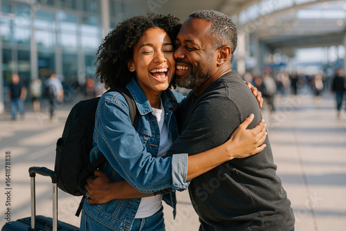 Father and daughter reunited with joyful embrace at bustling airport, expressing love and happiness during travel