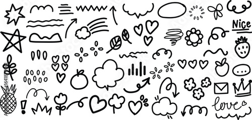Playful hand-drawn doodle set with hearts, arrows, stars, flowers, clouds, and fun shapes in black outline. Perfect for creative designs, planners, stickers, invitations, and modern digital art.