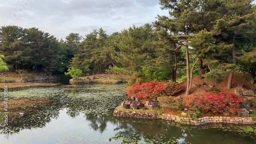 Gyeongju City Landmark Heritage Site in South Korea, of Donggung Palace, Wolji Pond and Anapji Park with traditional Korean architecture and garden