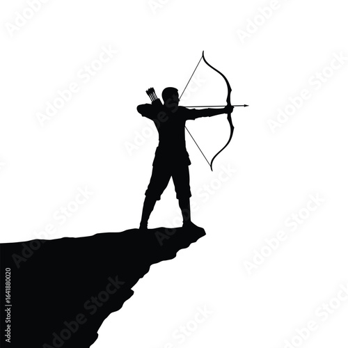 Archer aiming bow on cliff edge arrow quiver