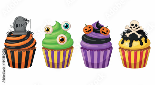 Halloween-themed colorful cupcakes with spooky decorations, ideal for festive designs, party invites, and seasonal graphics