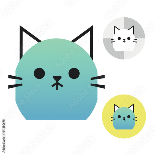 Cute round kitten illustration in minimalist style. Logo with cute blue kitten.