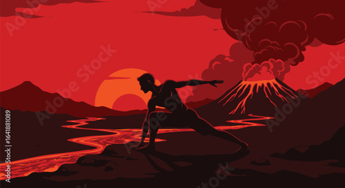 Warrior's Serenity A Dynamic Figure Meditates Amidst the Fiery Landscape of an Erupting Volcano at Sunset, Embodying Resilience and Harmony with Nature's Intense Power.