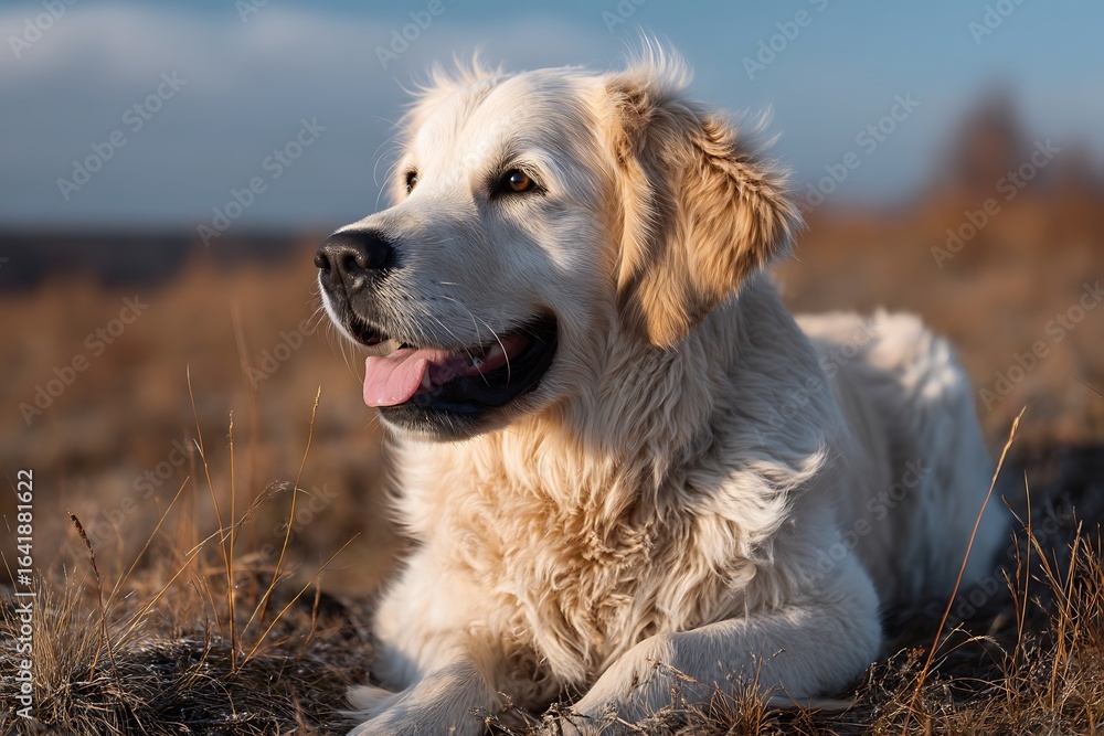 A Golden Retriever lying on a grassy field with a happy expression, showcasing the beauty and joy of dogs in nature. A Golden Retriever lying on a grassy field with a happy expression, showcasing the beauty and joy of dogs in nature.