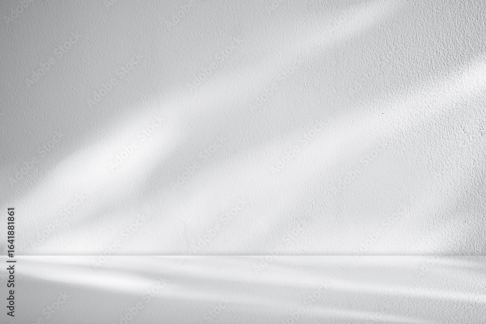 Obraz premium Background White Wall Studio.Kitchen Room with Light,Shadow on Desk,Empty Backdrop Grey Podium Display for Cosmetic Product,Interior Room with Sunlight on Concrete Wall Surface and Floor Texture
