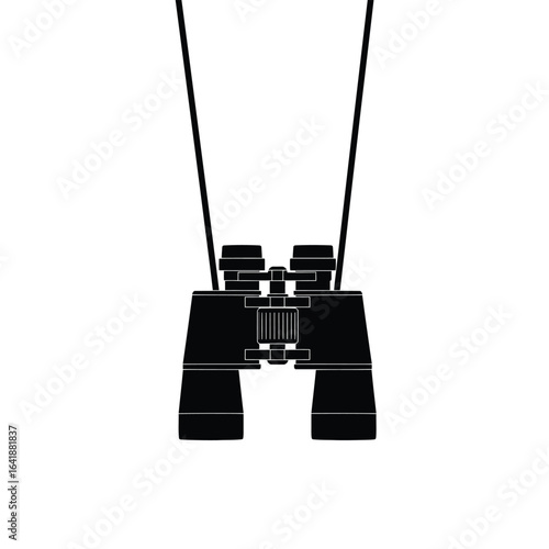 Black binoculars hanging on white strap