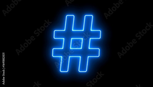 Bright neon blue hashtag symbol on black background