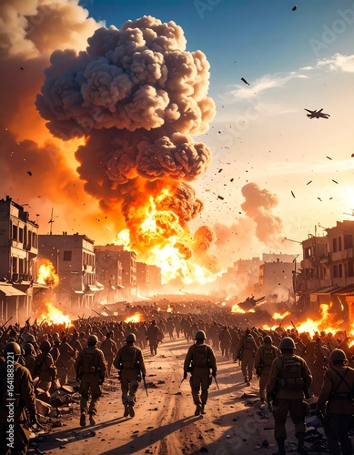 War scene, massive explosion, advancing troops