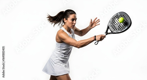 Dynamic female athlete playing padel with focus and power against a bright white background, showcasing athletic grace and competitive spirit
